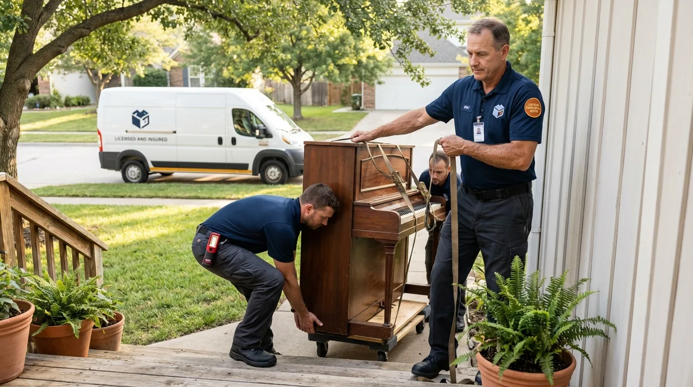 Licensed piano movers securing grand piano in Quebradillas, PR