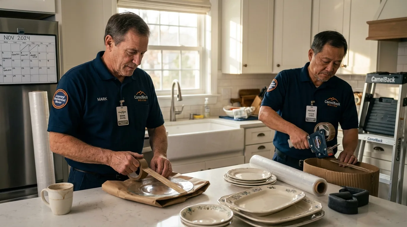 Professional crew packing kitchen dishware in Quebradillas, PR